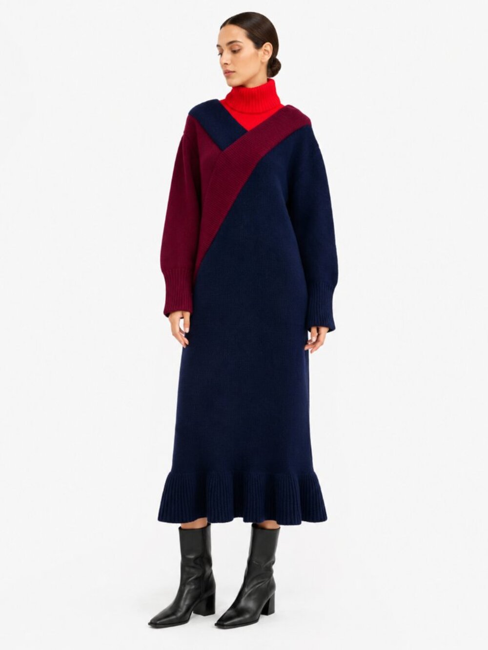 ROCKET X LUNCH Y-RIB KNIT SWEATER DRESS IN RED BURGUNDY & NAVY - S